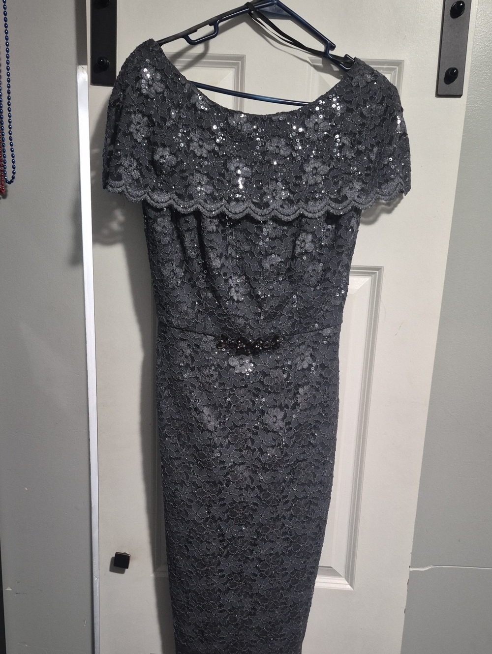 Lace Sequin Midi Dress in Charcoal Gray